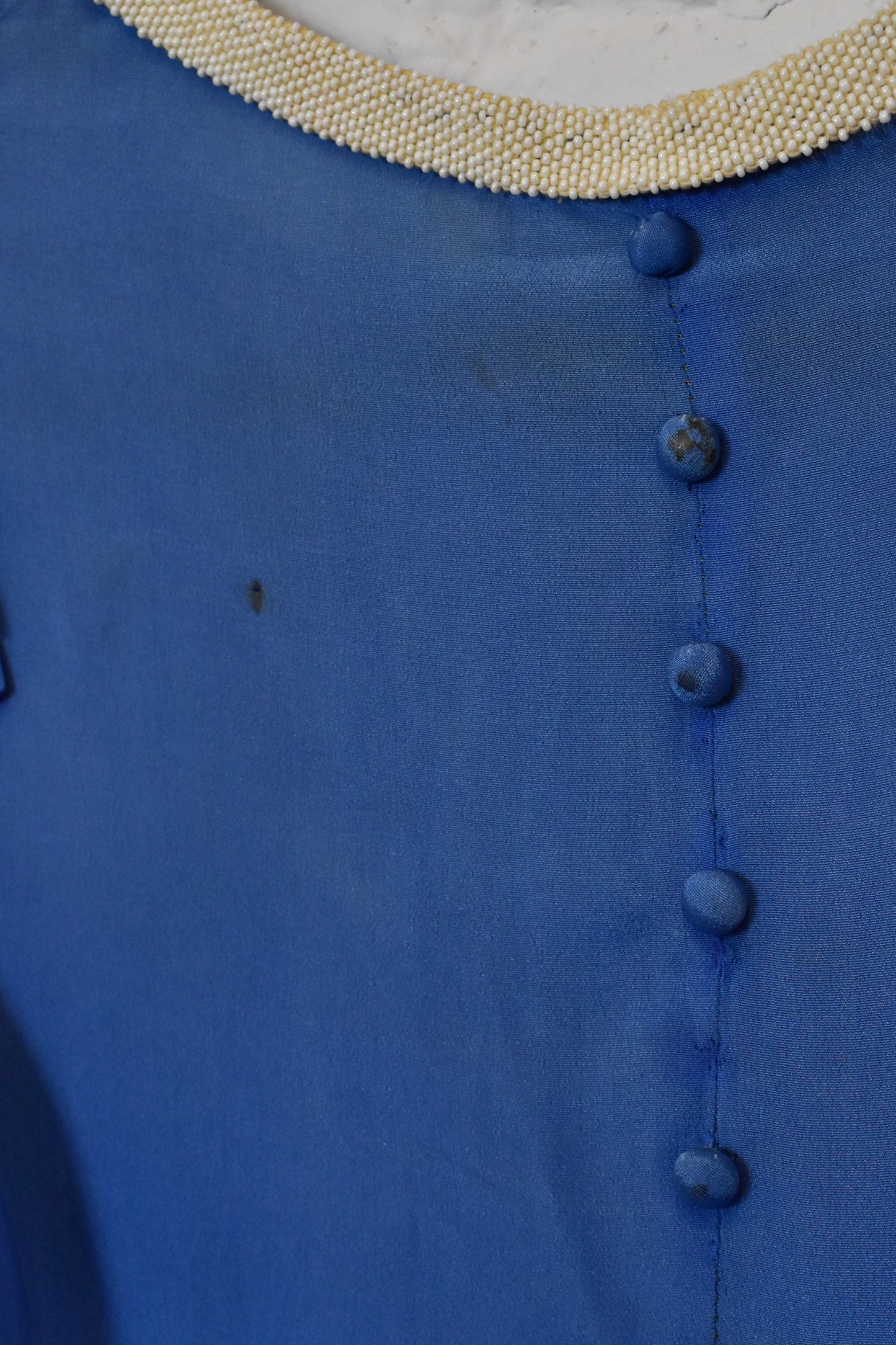 Vintage 1930s Blue Puff Sleeve Maxi Dress With Beaded Trim