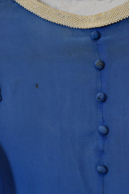 Vintage 1930s Blue Puff Sleeve Maxi Dress With Beaded Trim