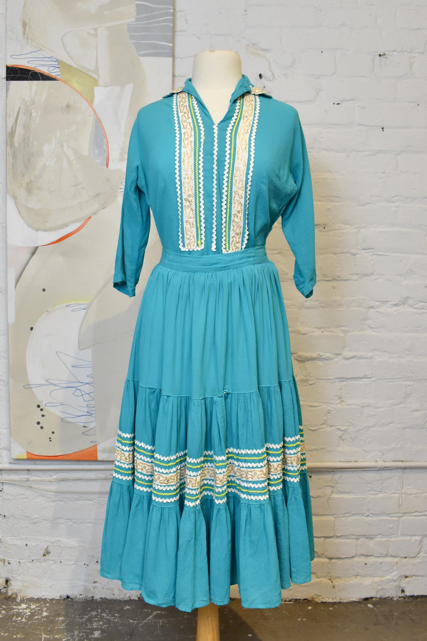 Vintage 1960s Alberta Of Arizona Teal Southwestern Patio Skirt Set