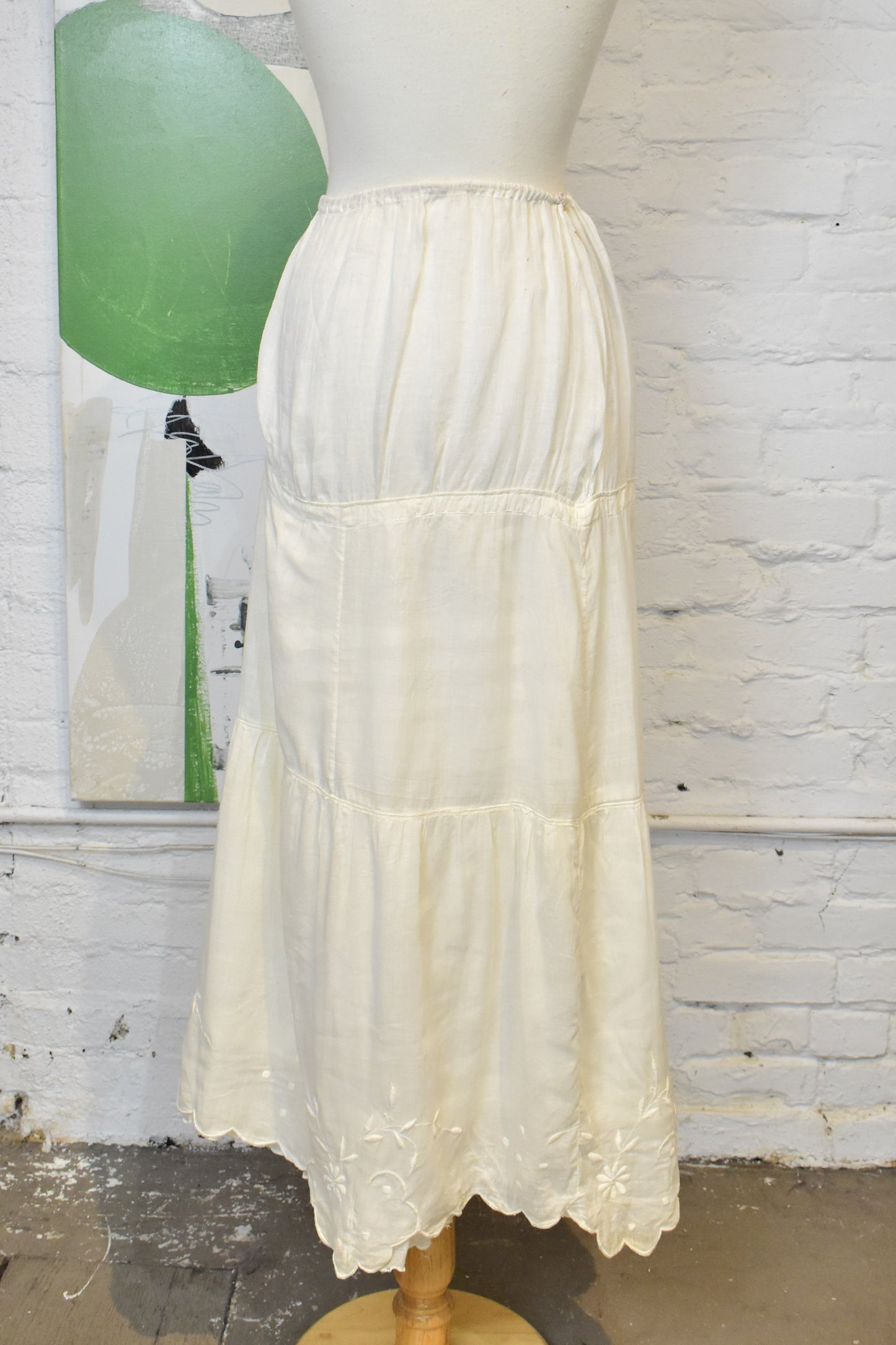 Antique Ivory Floral Embroidered Cotton Petticoat Skirt