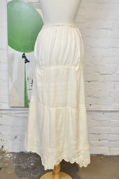 Antique Ivory Floral Embroidered Cotton Petticoat Skirt