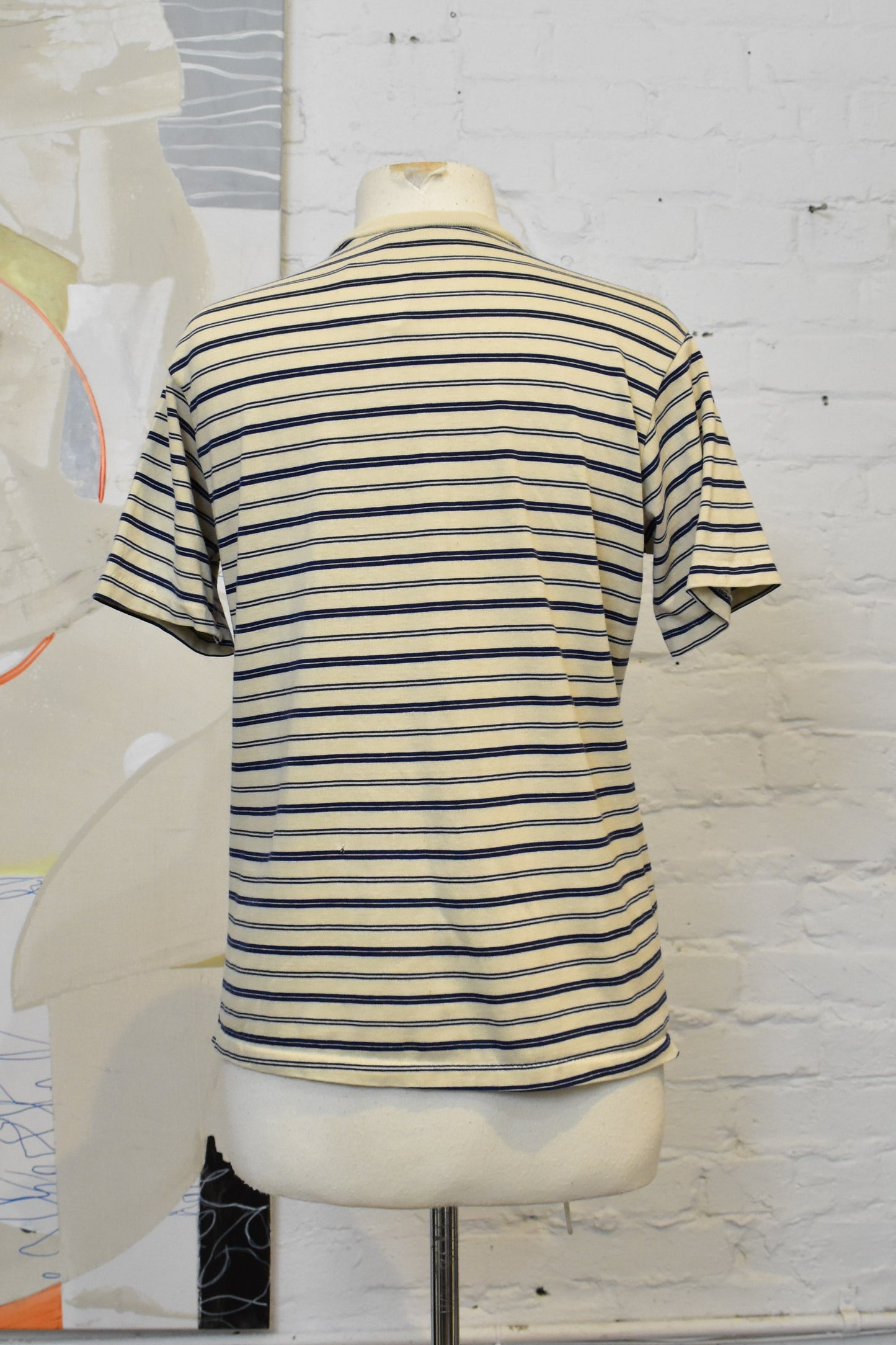 Vintage 60s 70s Cream And Navy Striped Pocket T-Shirt