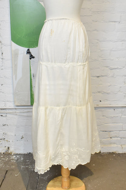 Antique Ivory Floral Embroidered Cotton Petticoat Skirt