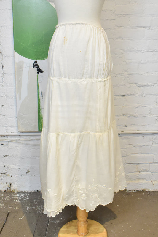 Antique Ivory Floral Embroidered Cotton Petticoat Skirt