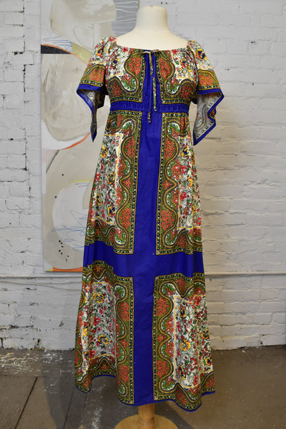 Vintage 1970s "Gallie Jrs" Paisley Kerchief Sleeve Peasant Maxi Dress