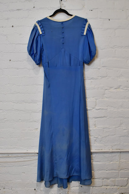 Vintage 1930s Blue Puff Sleeve Maxi Dress With Beaded Trim