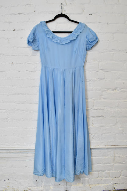 Vintage 1940s Blue Taffeta Ruffle Collar Gown