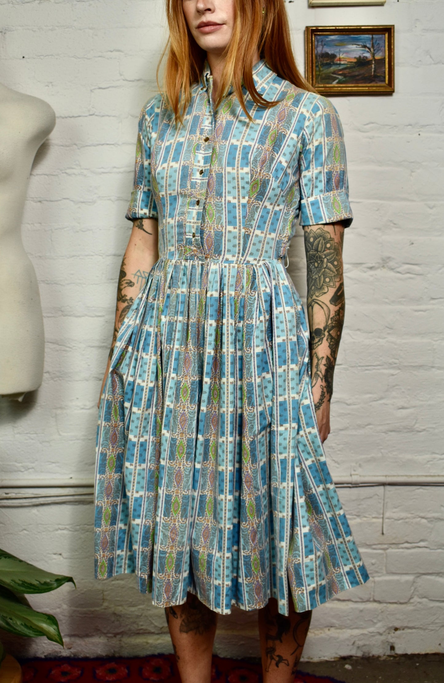 Vintage 50s "Wendy Woods" Blue Patterned Dress