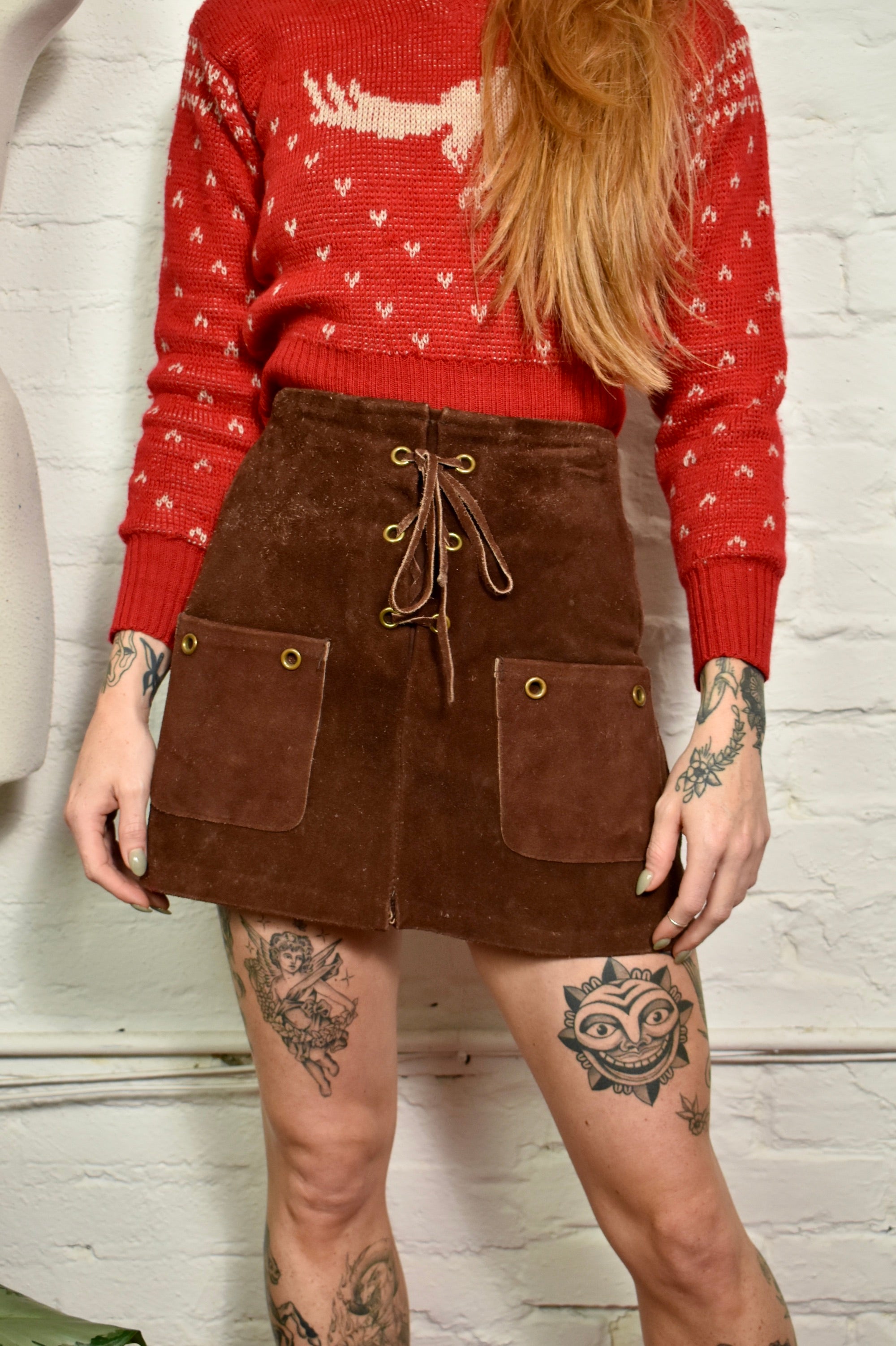 Brown suede skirt top 70s