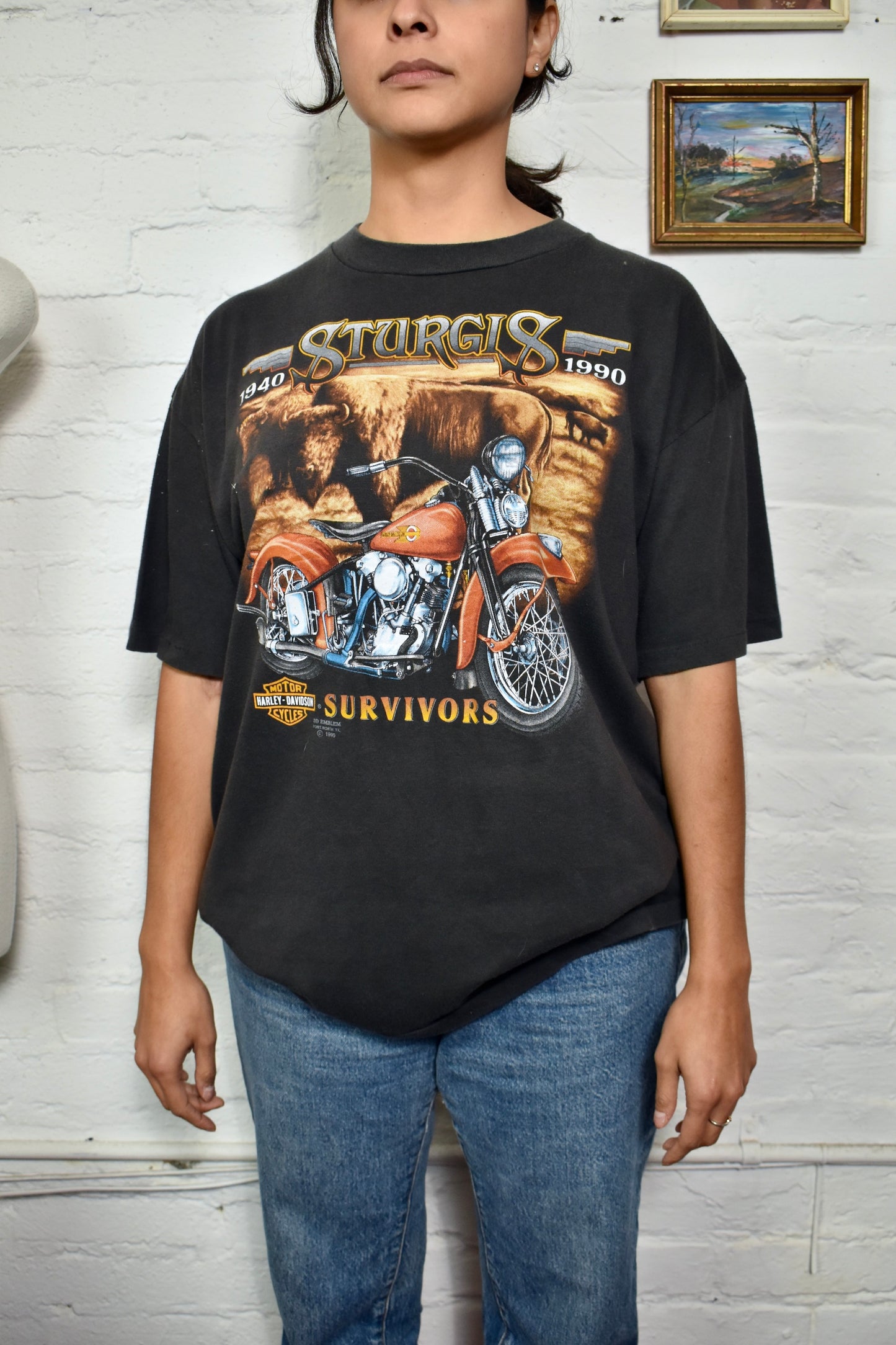Vintage 1990 "Harley Davidson" 3D Emblem Sturgis Survivors T-shirt