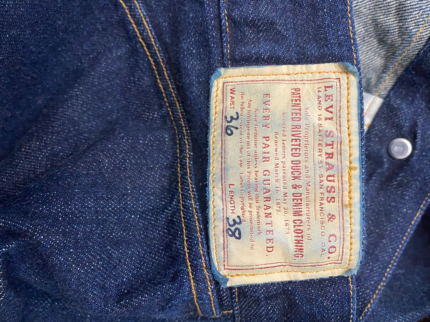 LEVIS LVC 1878 Cinch back Selvedge Denim Made in USA Jeans Buckleback 36" Waist