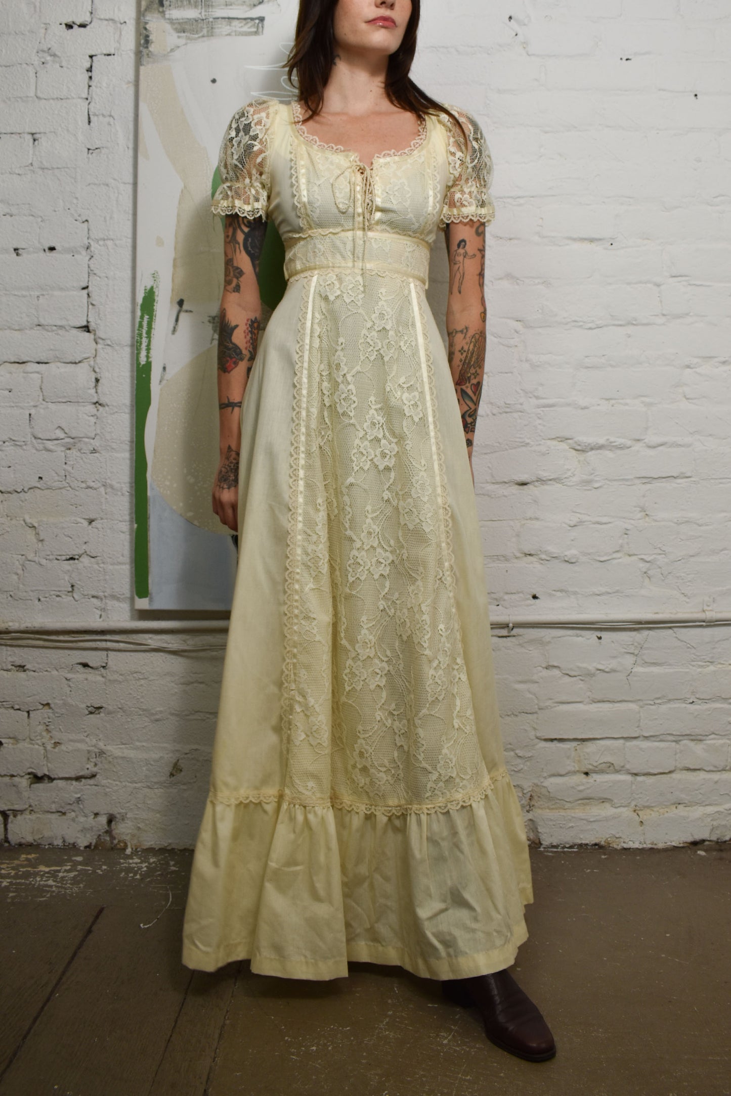 california lace dress A la Carte California Vintage Lace Dress Sz Medium Ivory 3/4 Sleeves Dress