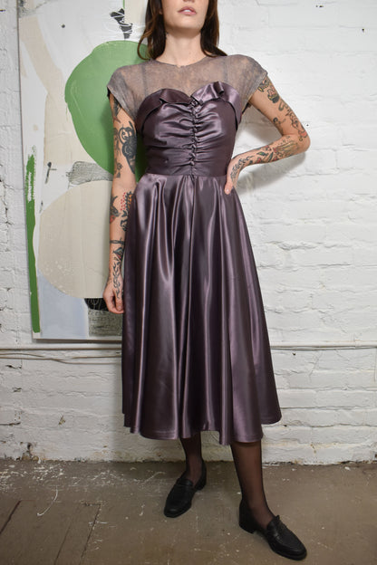 Vintage 50s Hand Made Purple Sheer Hearth Neck Dress