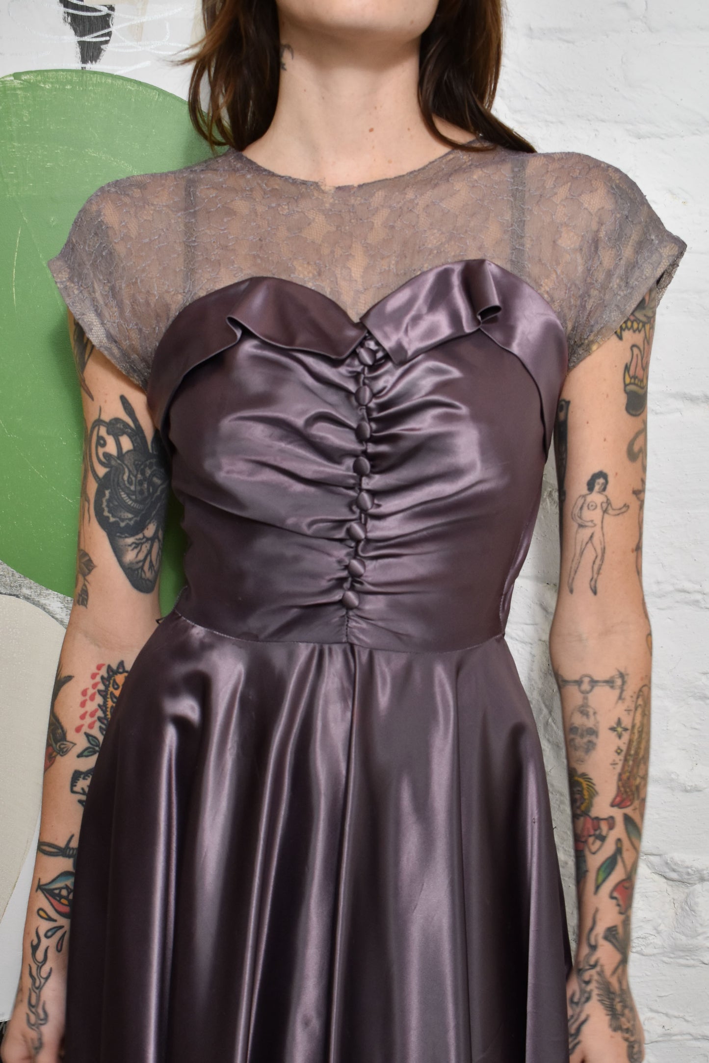 Vintage 50s Hand Made Purple Sheer Hearth Neck Dress