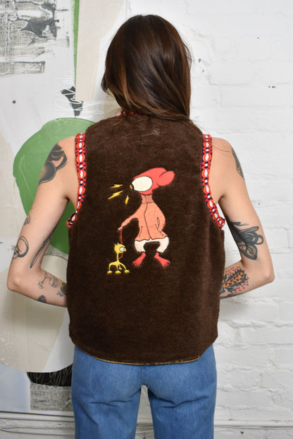 Vintage 1970's Faux Fur Embroidered Cartoon Vest