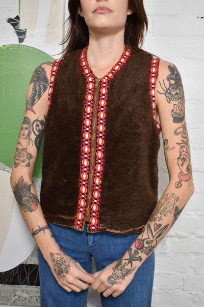 Vintage 1970's Faux Fur Embroidered Cartoon Vest