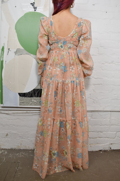 Vintage 70's "Jack Kramer of California" Sheer Floral Peasant Maxi Dress