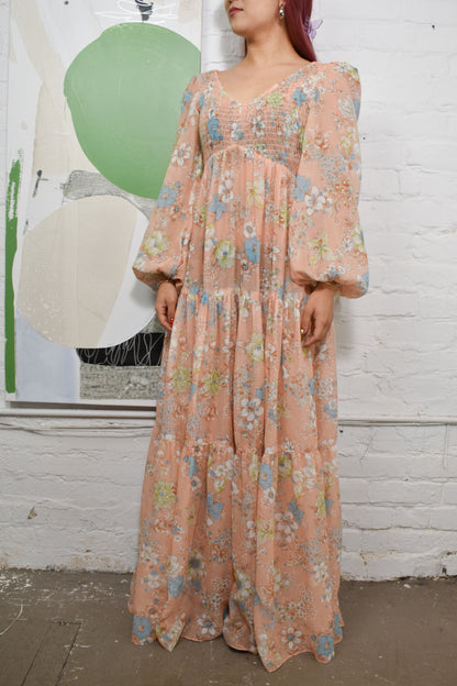 Vintage 70's "Jack Kramer of California" Sheer Floral Peasant Maxi Dress