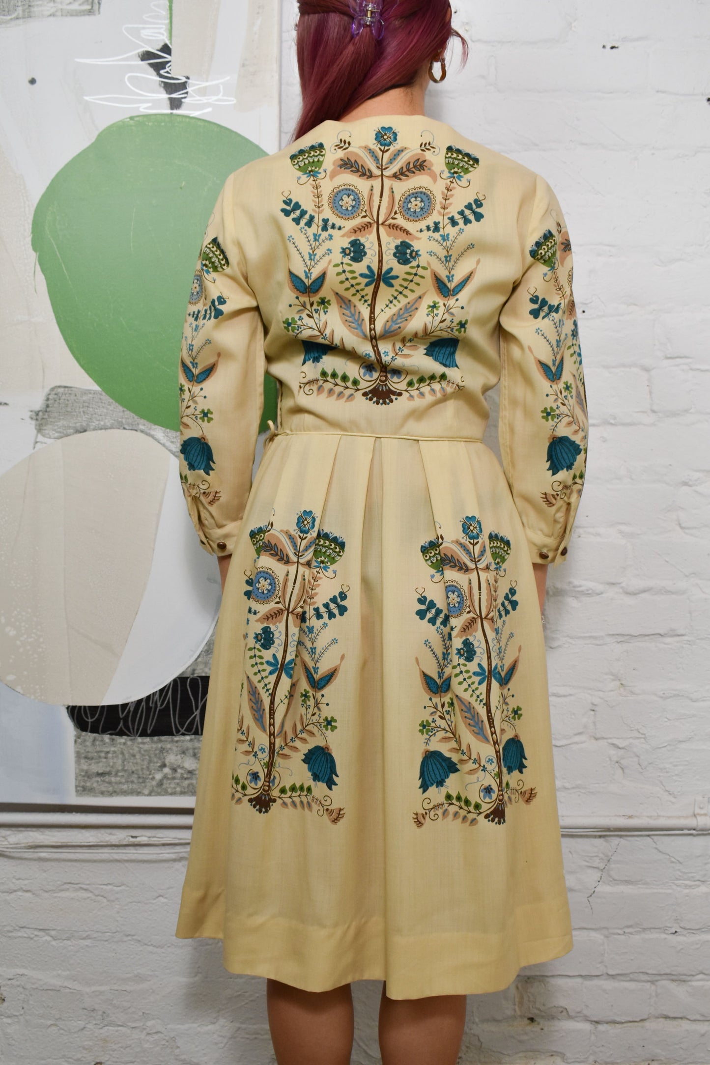 Vintage 60's Beige Floral Print Pleated Dress