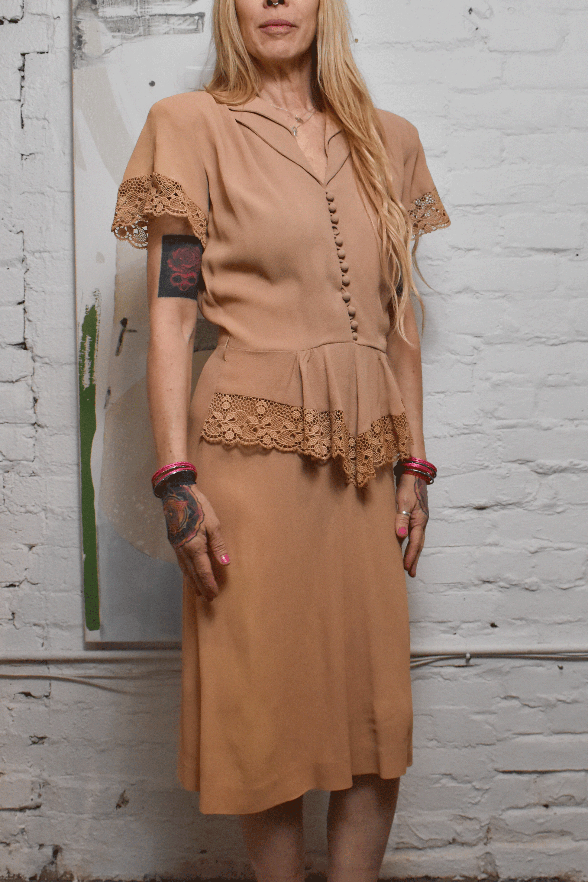 brown 1940s dress Vintage Late 1940s Sheer Brown and Green Dots Dress