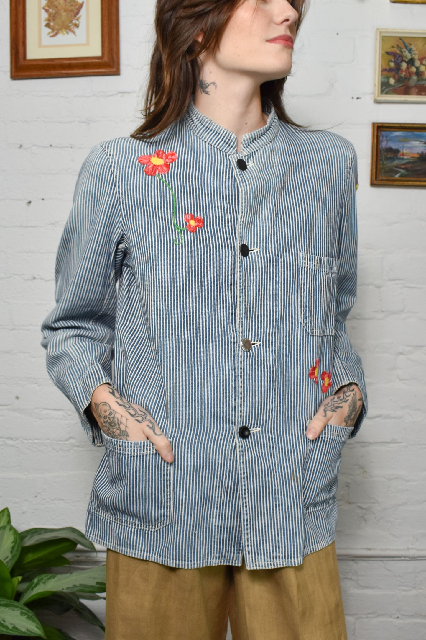 Vintage Hickory Stripe Chore Coat With Embroidery