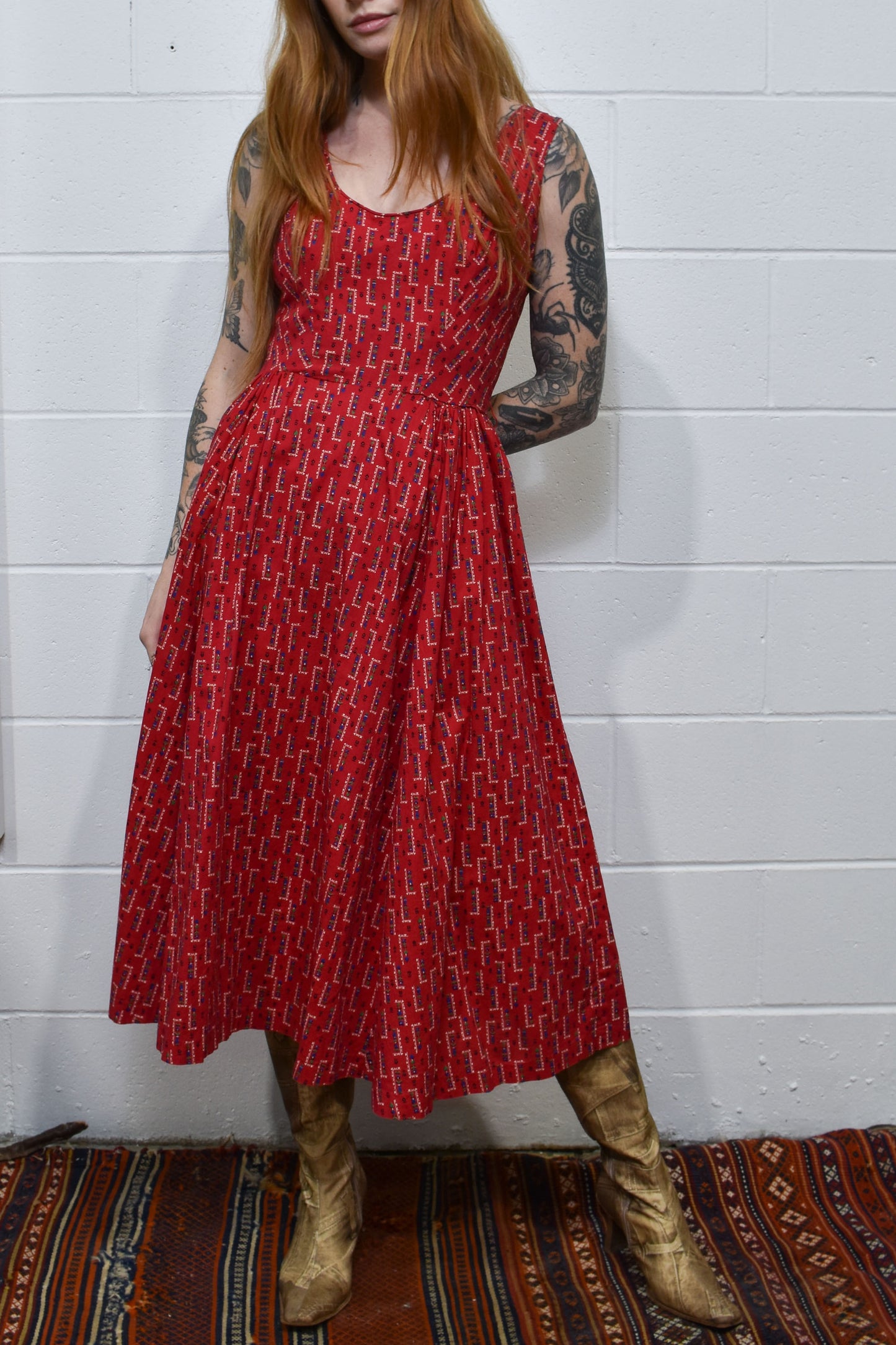 Vintage 1950's "Ro-Nel of California" Red Floral Cotton Day Dress