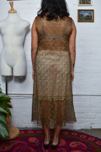 Vintage 20's Sheer Lace Brown Metallic Sleeveless Dress