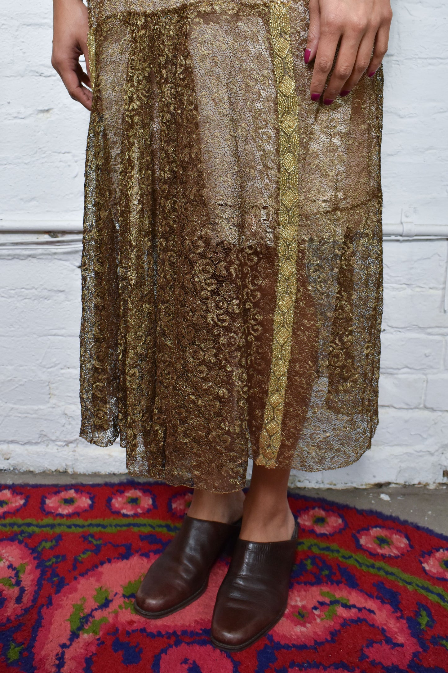 Vintage 20's Sheer Lace Brown Metallic Sleeveless Dress