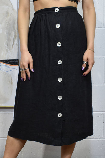 Vintage 1980's Black Linen Midi Skirt