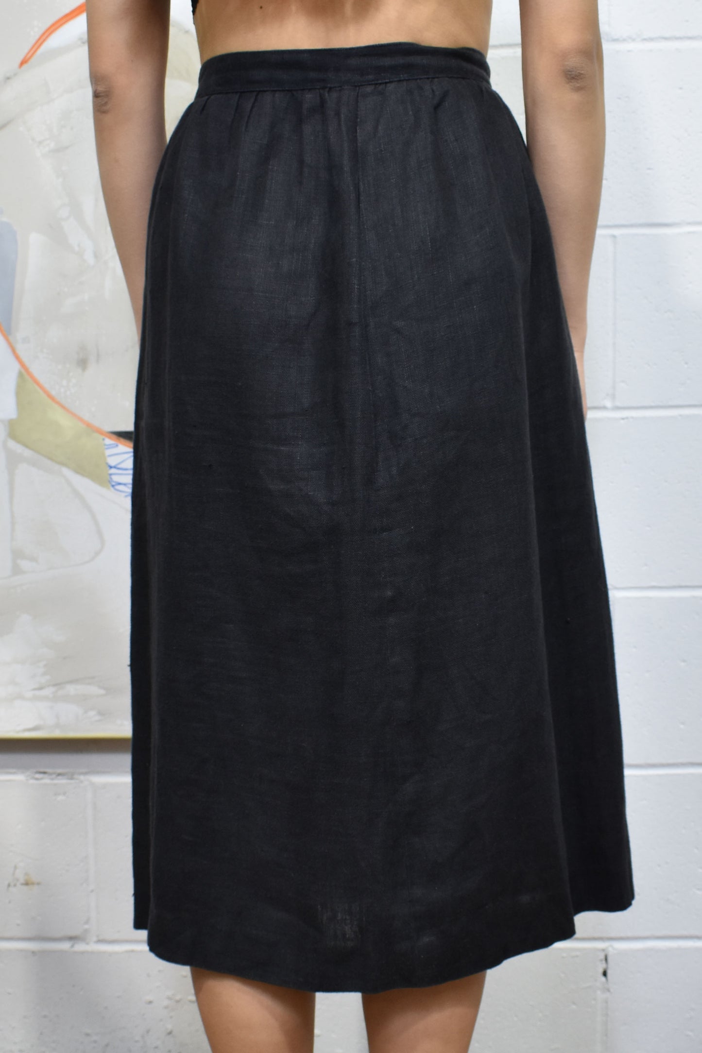 Vintage 1980's Black Linen Midi Skirt