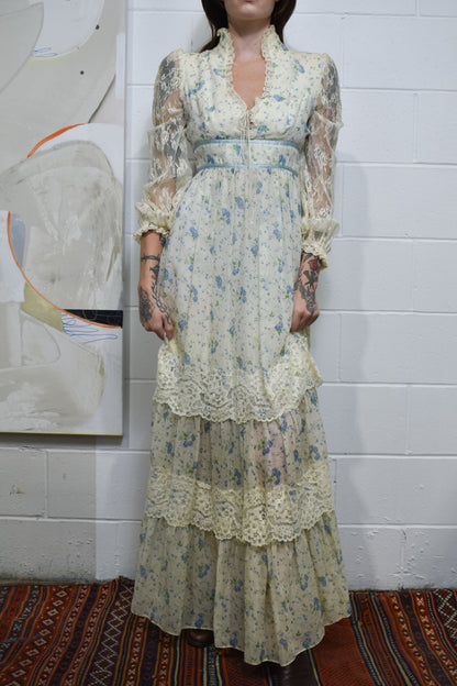 Vintage 1970's Gunne Sax Style Blue Floral Maxi Peasant Dress