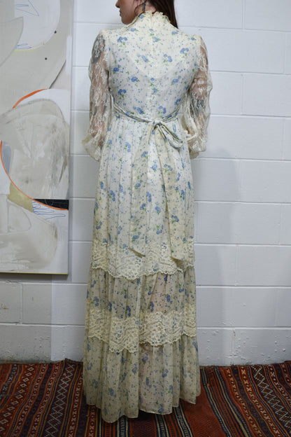 Vintage 1970's Gunne Sax Style Blue Floral Maxi Peasant Dress