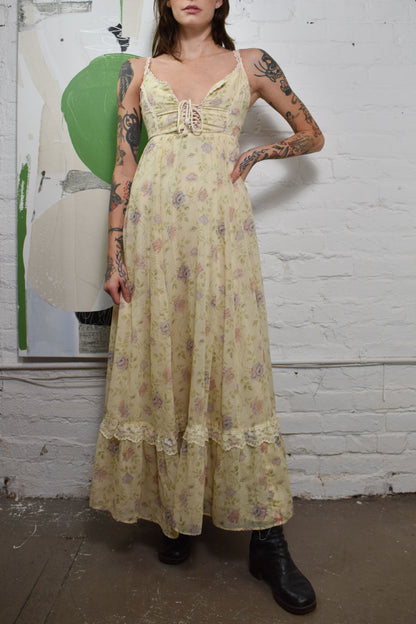 Vintage 1970's "Gunne Sax" Pastel Rose Floral Maxi Dress