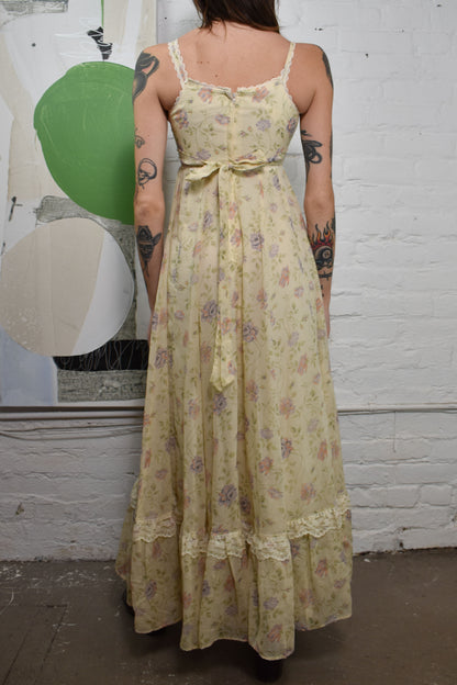 Vintage 1970's "Gunne Sax" Pastel Rose Floral Maxi Dress