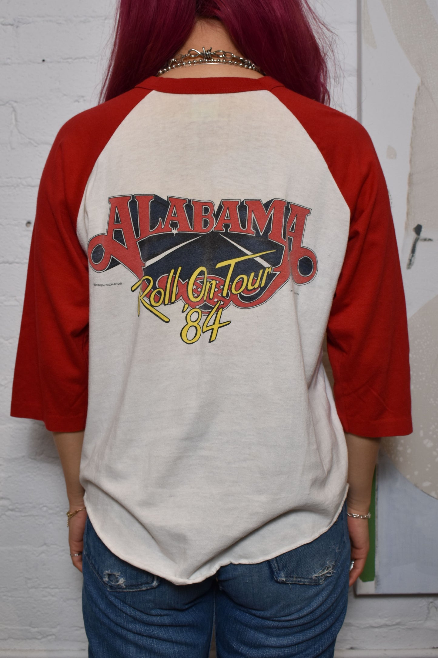 Vintage 1984 Alabama Roll On Tour T-shirt. 3/4 Red Sleeve