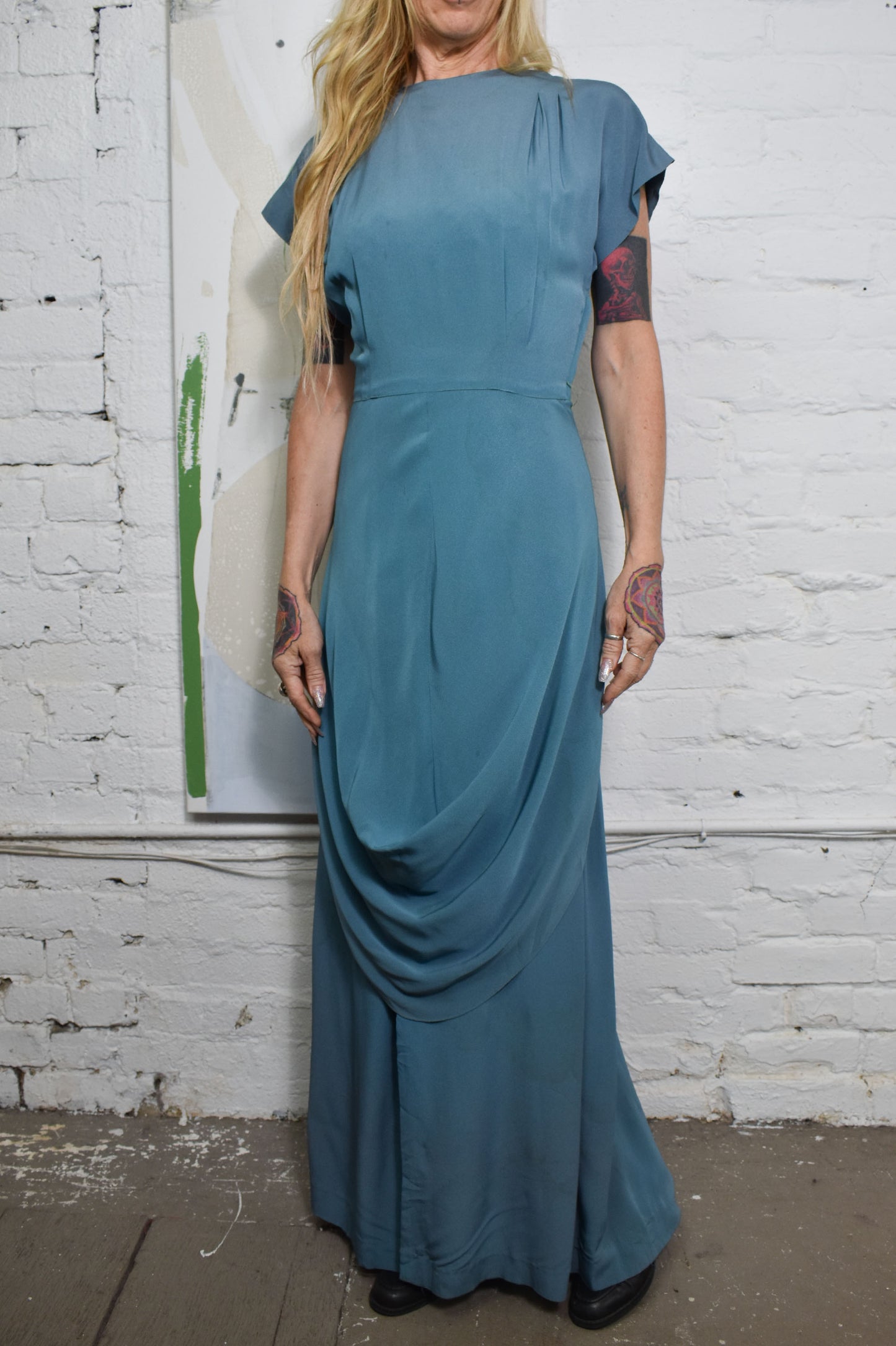 Vintage 1940's "Du Barry" Teal Rayon Gown