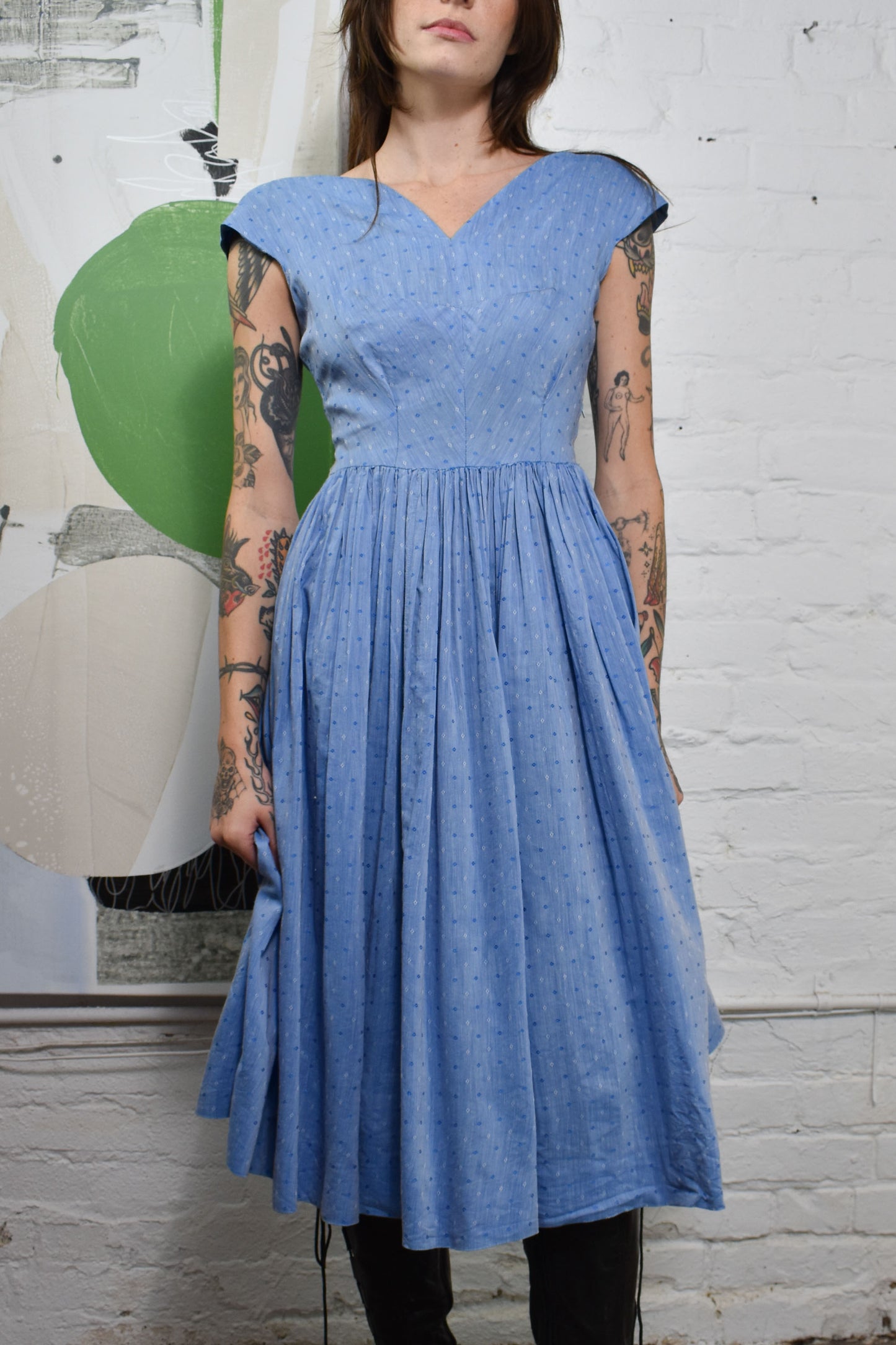 Vintage 1950's Blue Diamond Pattern Cotton Day Dress