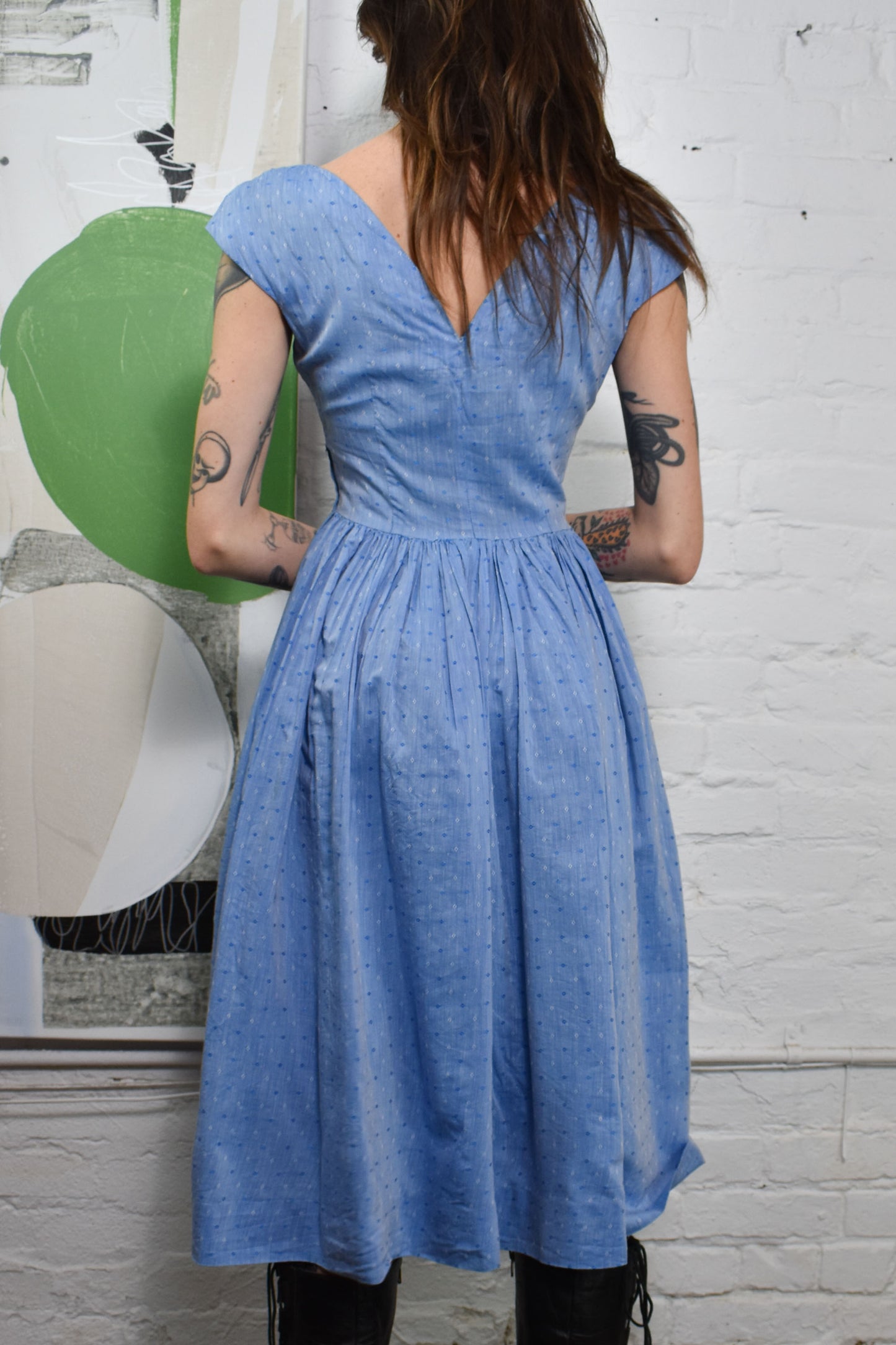 Vintage 1950's Blue Diamond Pattern Cotton Day Dress