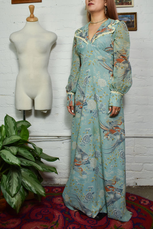 Vintage 1970's Pheasant Floral Maxi Dress