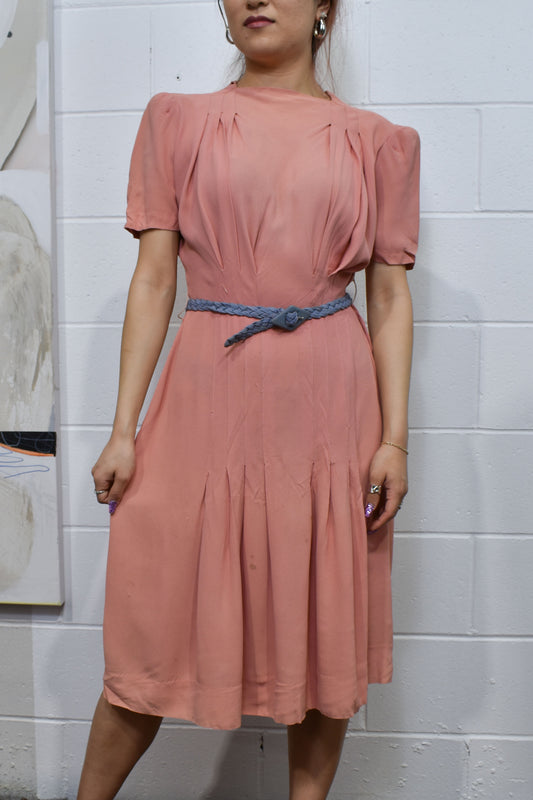 Vintage 1940s Pastel Pink Rayon Belted Dress