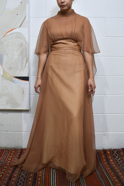 Vintage 60's/70's Nude Brown Sheer Cape Gown