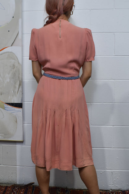 Vintage 1940s Pastel Pink Rayon Belted Dress