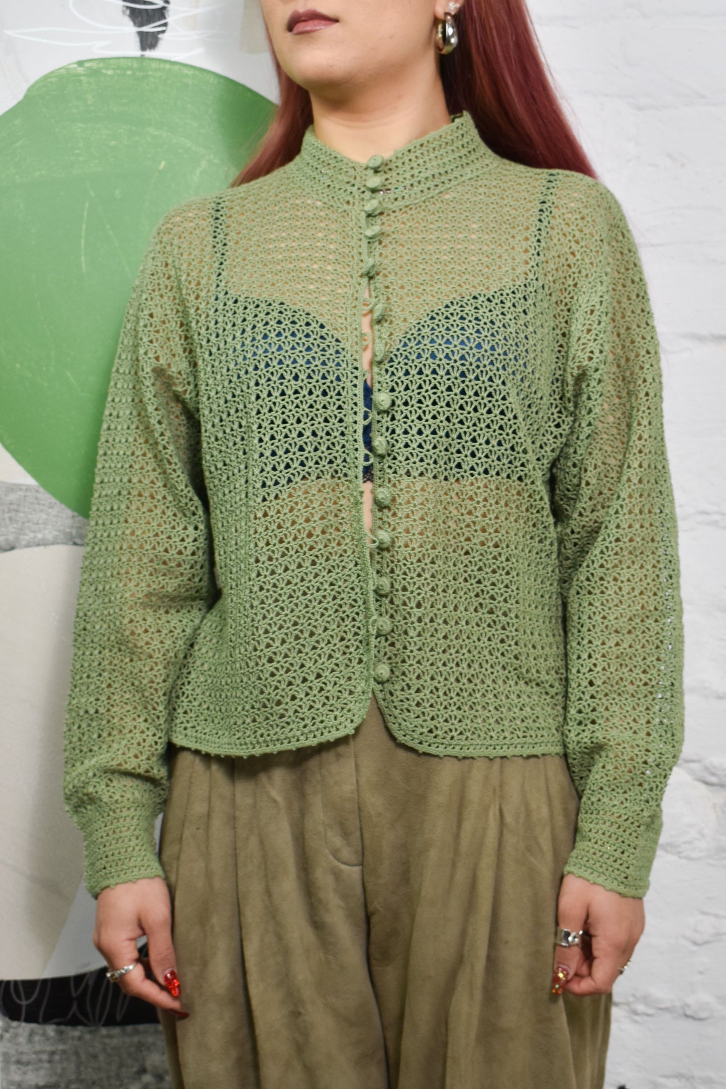 Vintage "April Cornell" Green Open Knit Cardigan Sweater Cottagecore
