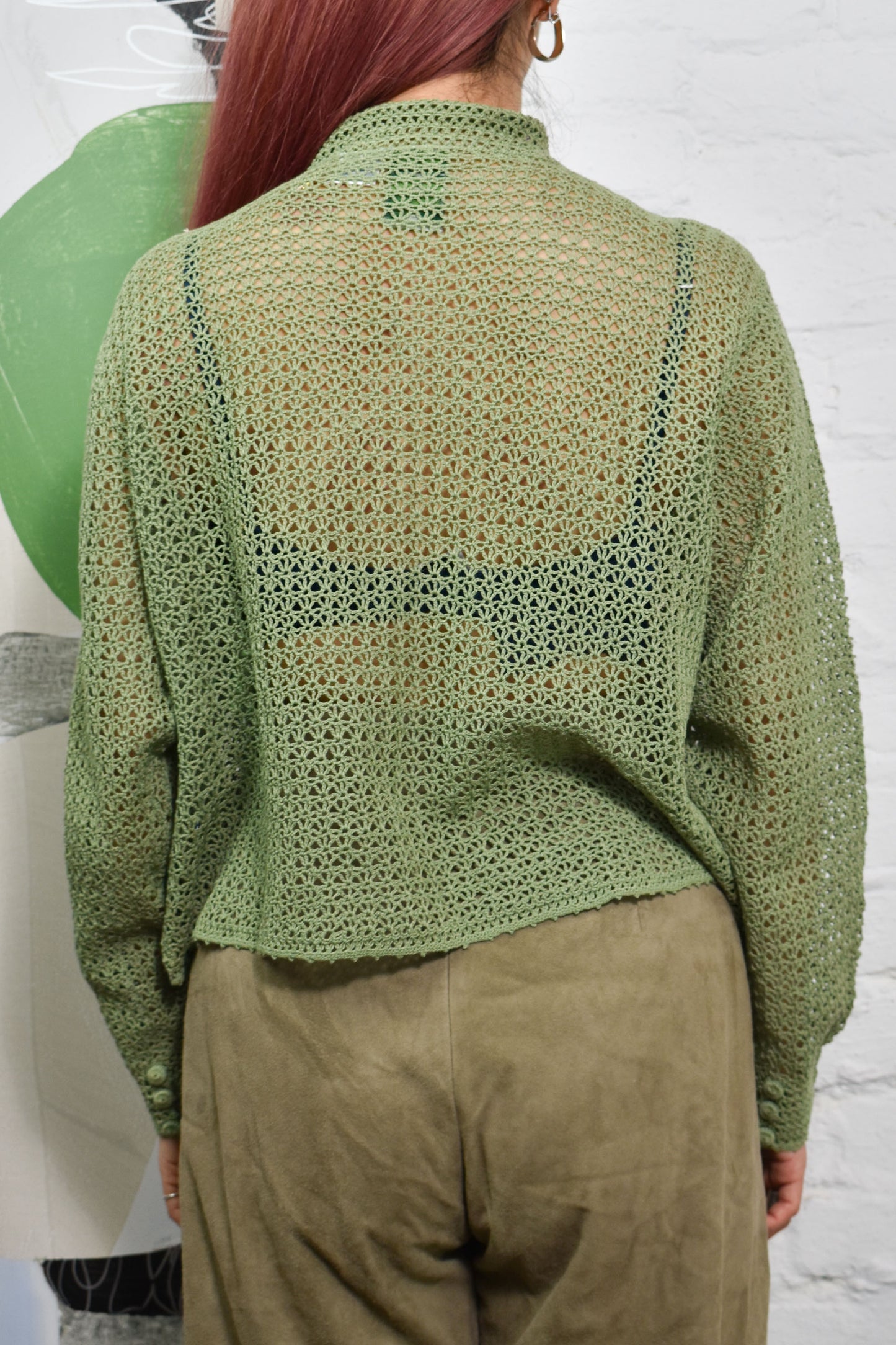 Vintage "April Cornell" Green Open Knit Cardigan Sweater Cottagecore