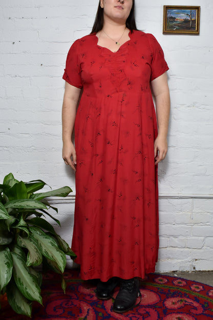 Vintage 40's Red And Black Floral Long Dress