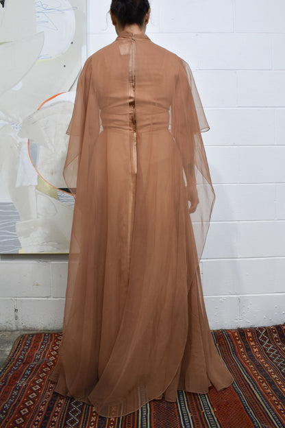 Vintage 60's/70's Nude Brown Sheer Cape Gown