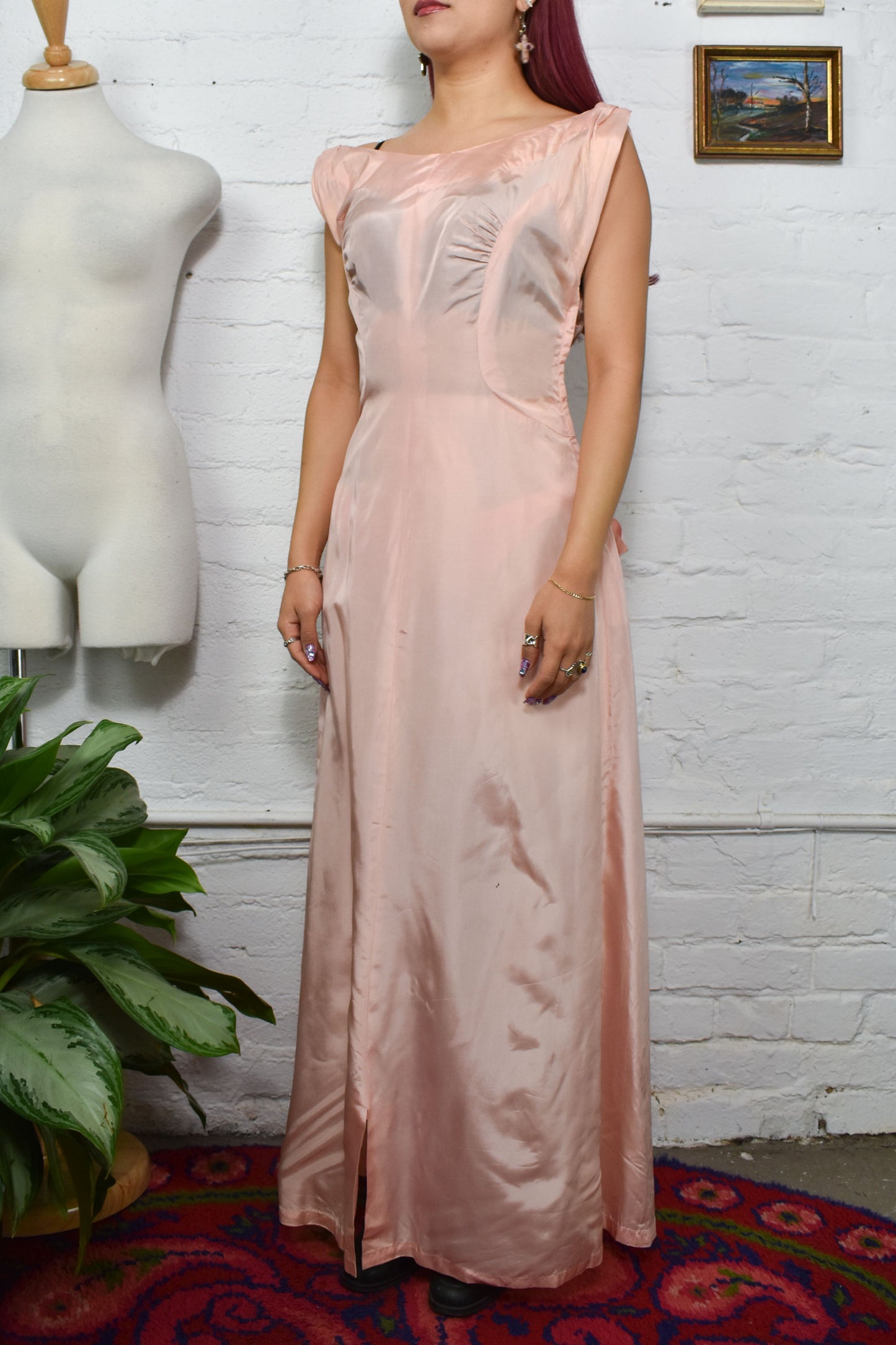 Vintage 50s Hand Made Pink Satin Long Gown