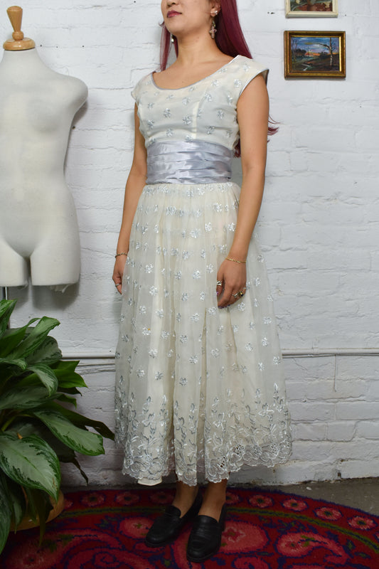 Vintage 1950's Periwinkle Embroidered Party Dress