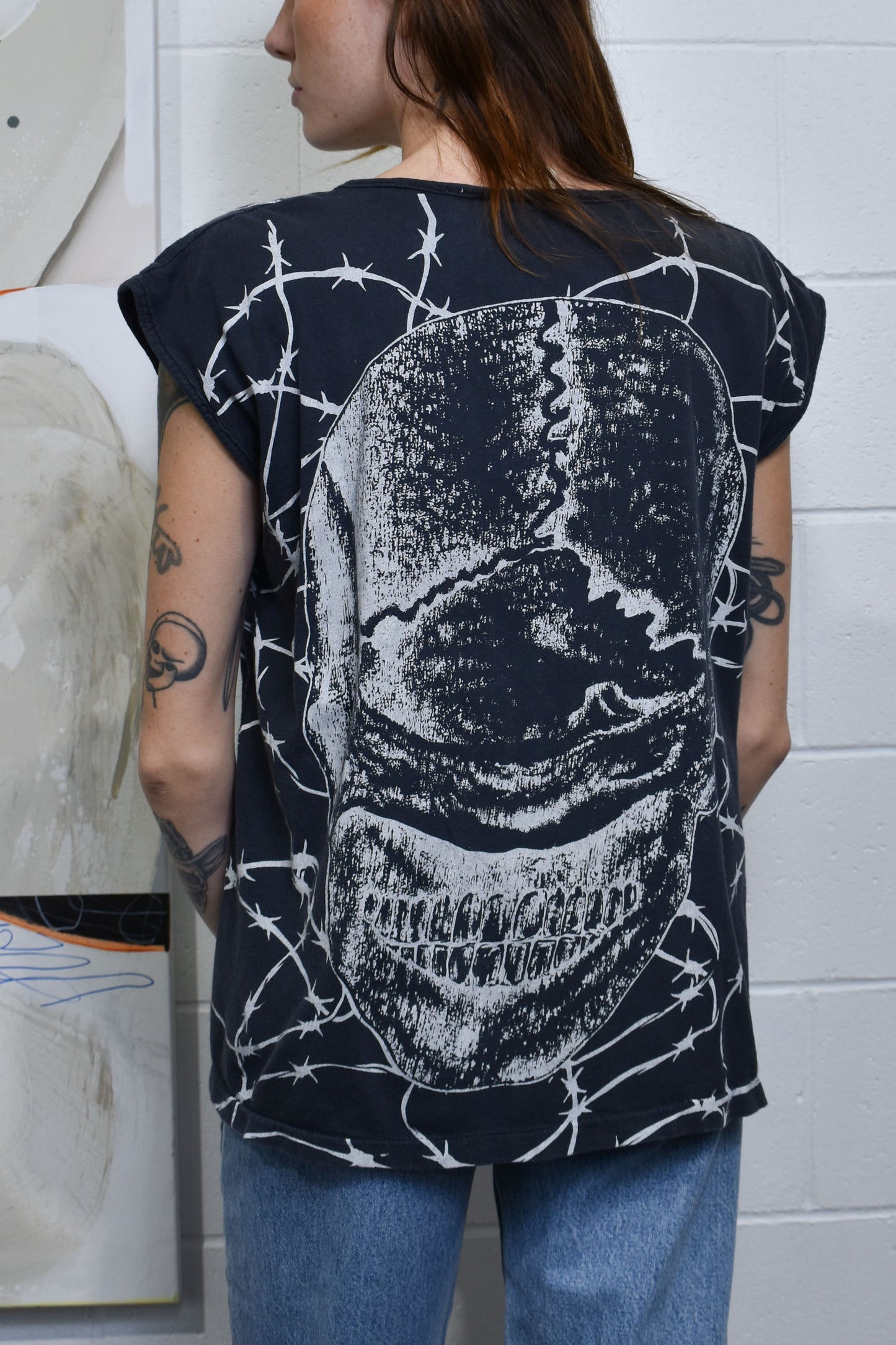 Vintage 1980's Skull and Barbed Wire Allover Print T-Shirt
