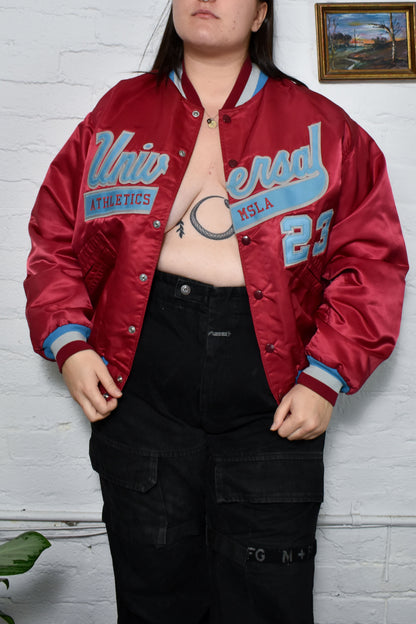 Vintage "Universal Athletics MSLA 23" Red Satin Bomber Jacket